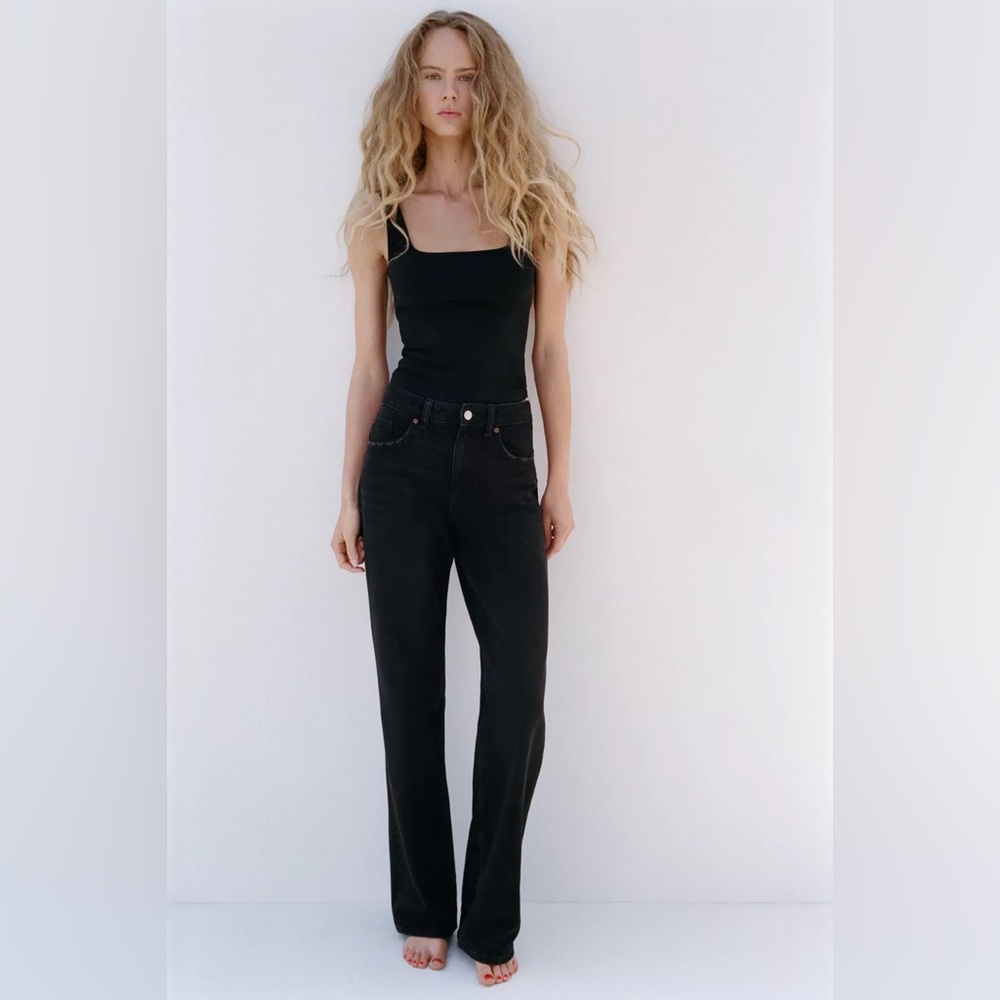 Zara Size 8 Black Straight Wide Leg Women's Denim Jeans Frayed Hem Bootcut